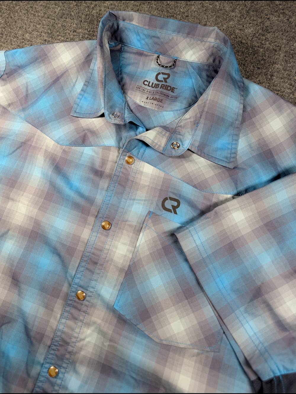 Club Ride Men's Blue Plaid Button-Up Pearl Snap, Vented Shirt